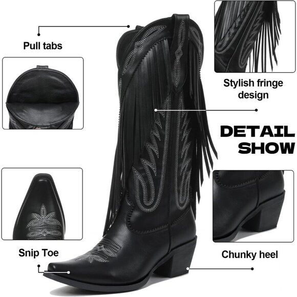 Cowboy Boots for Women Retro Pointed Toe Pull On Block Chunky Heel Embroided - Picture 5 of 8